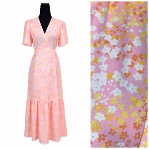 LaRoque Floral Wrap Midi Dress Pink Yellow Cottagecore Preppy Feminine Small